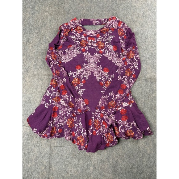 Free People Tops - Free People Tunic Top Womens S Purple Rayon Floral Boho Deep V Back Ruffle Hem
